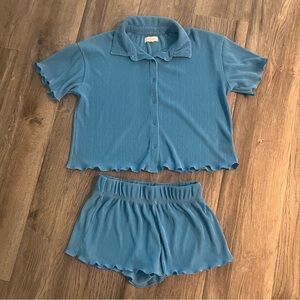 Colsie Loungewear Blue Ribbed Shirt & Shirt Set Womens Small S